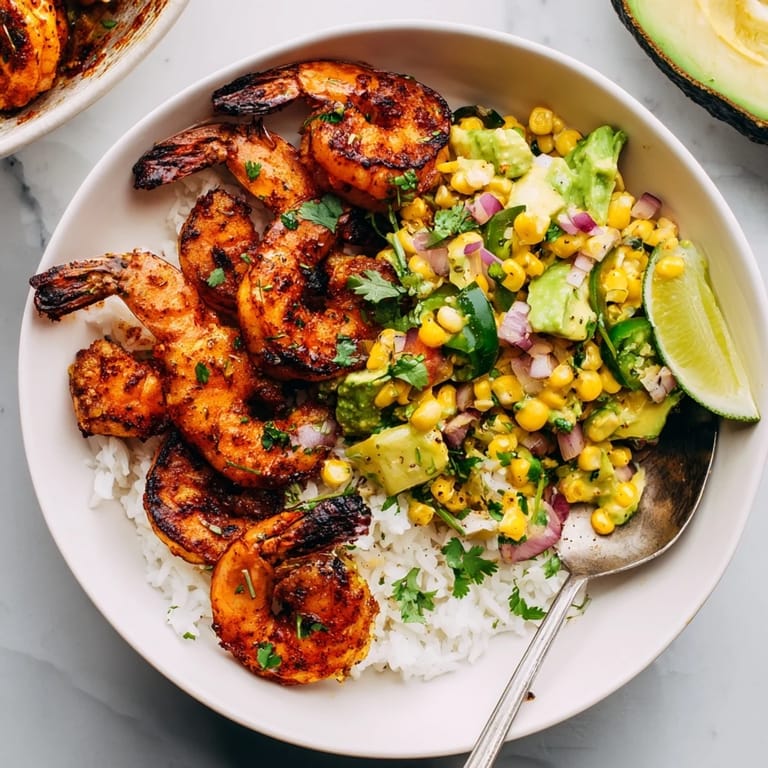 Colorful Easy Grilled Shrimp Bowl with Avocado Corn Salsa, garnished with lime wedges.  