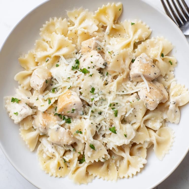 Comforting Mozzarella Garlic Butter Chicken Bowties, with flavorful garlic butter and bowtie pasta.