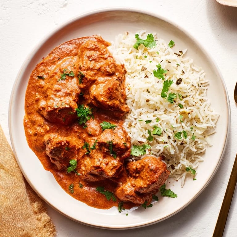 A bowl of butter chicken crafted with spices, served with fluffy basmati rice.  