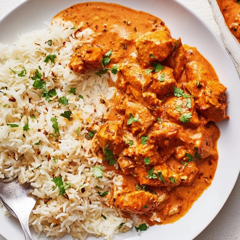 Savor rich butter chicken alongside aromatic rice pilaf for a comforting meal.