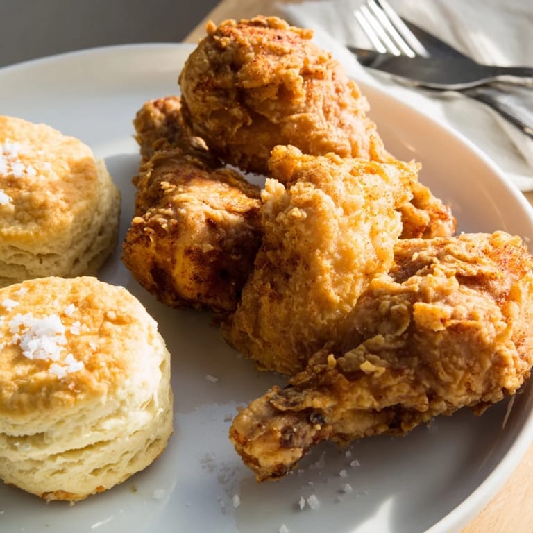 Juicy fried chicken paired with warm, buttery biscuits for a comforting Southern feast.  