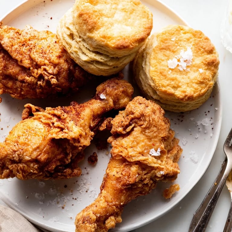 Golden brown Southern fried chicken served with freshly baked buttermilk biscuits for a delightful meal.