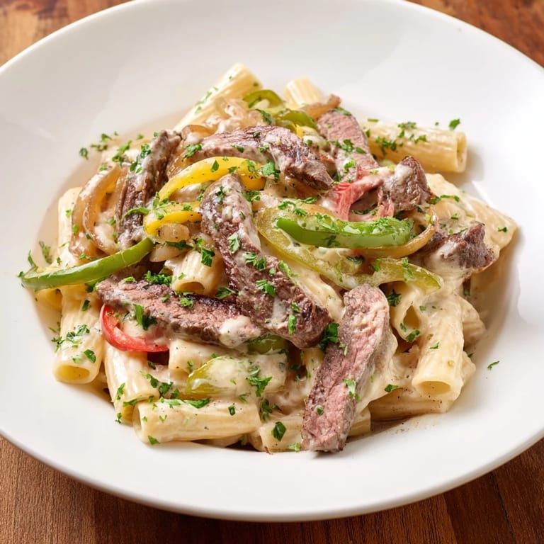 Delicious Philly Cheese Steak Pasta, a comforting American dish, perfect for a hearty dinner.