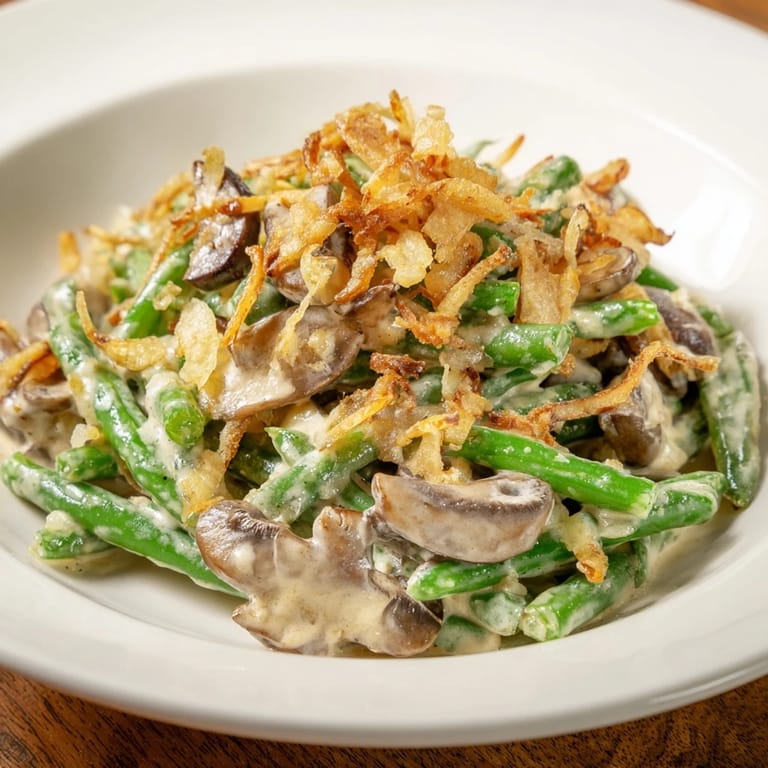 Enjoy a warm serving of Old-School Green Bean Casserole, a comforting side dish with a rich sauce.