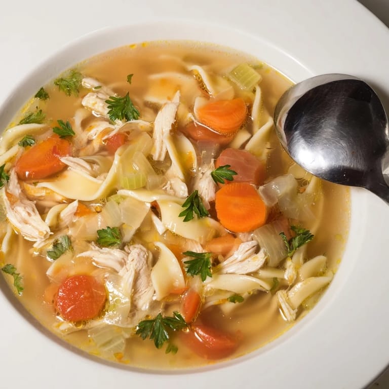 A close-up of a warm bowl of homemade chicken noodle soup, a perfect comfort food classic.