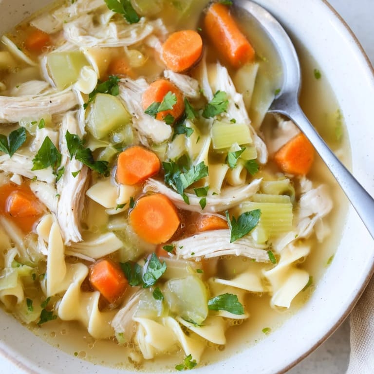Hearty homemade chicken noodle soup, with golden egg noodles and fresh parsley, ready to enjoy.