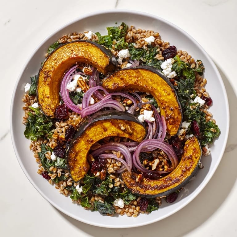 A delicious bowl of Farro & Mustard Green Salad with the sweet, roasted squash and crunchy pecans.