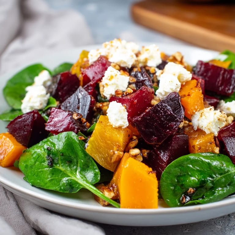 Close-up of a flavorful Roasted Beet, Butternut & Spinach Salad with balsamic dressing and goat cheese.