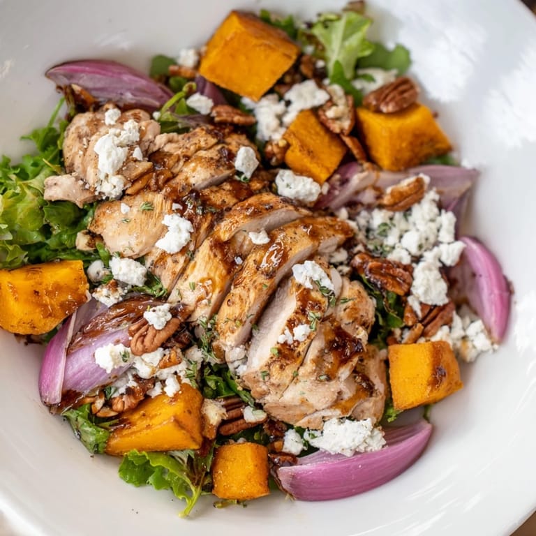 Golden roasted chicken, winter squash and crisp greens combine in this easy sheet-pan salad.