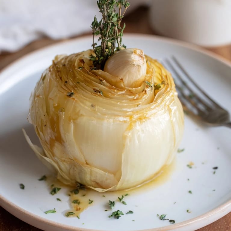 An overhead shot of a perfectly roasted Onion Boil, ready to be served as a scrumptious side dish.