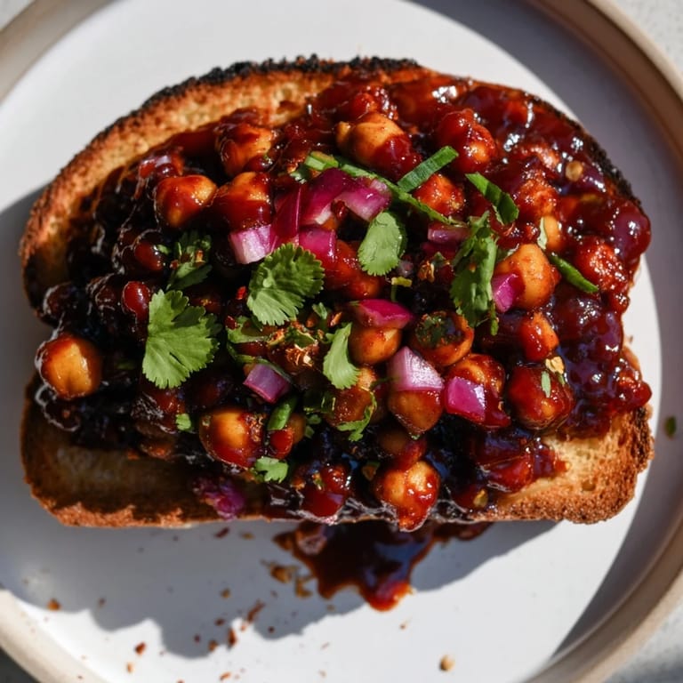 Warm and smoky BBQ chickpeas served on toasted bread, a quick and delicious vegan recipe.
