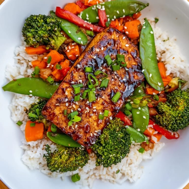 Savory and crispy Pressed Tofu Steaks provide a satisfying vegan meal, plated with colorful vegetables.