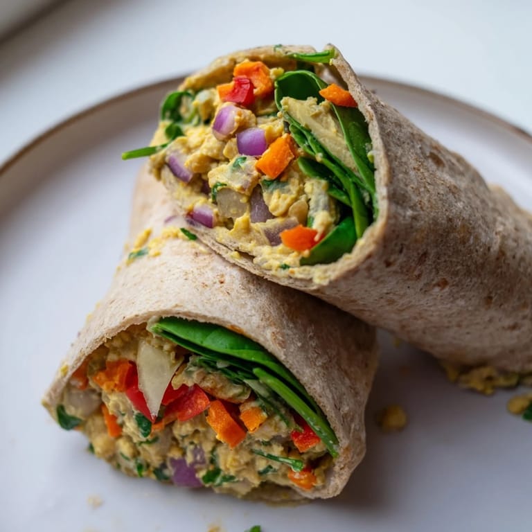 Close-up of a delicious chickpea salad wrap, showcasing the healthy ingredients and textures.