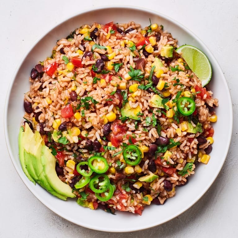 Fluffy One-Pot Mexican Rice & Beans, seasoned with cumin and paprika, ready to serve with toppings.