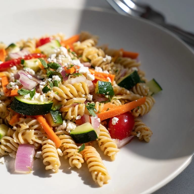 Fresh pasta salad with seasonal veggies and a simple dressing, beautifully tossed with herbs and feta cheese.