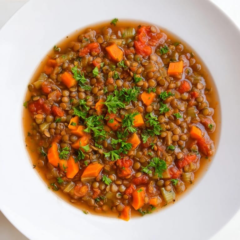 A vibrant, close-up of hearty Lentil Soup, showcasing the tender carrots and flavorful broth.