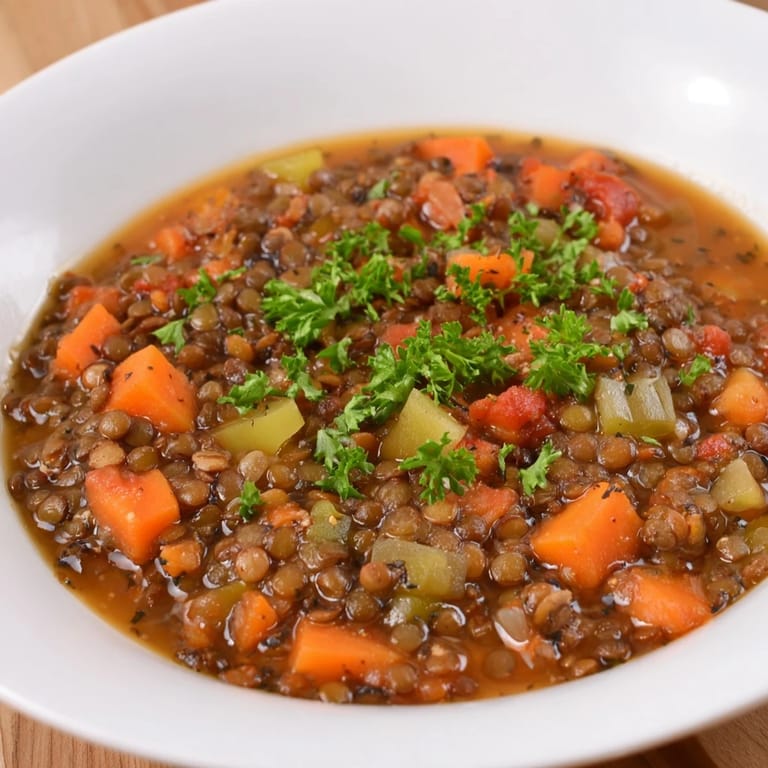 Enjoy a warm and comforting bowl of homemade Lentil Soup, perfect for a cold evening.