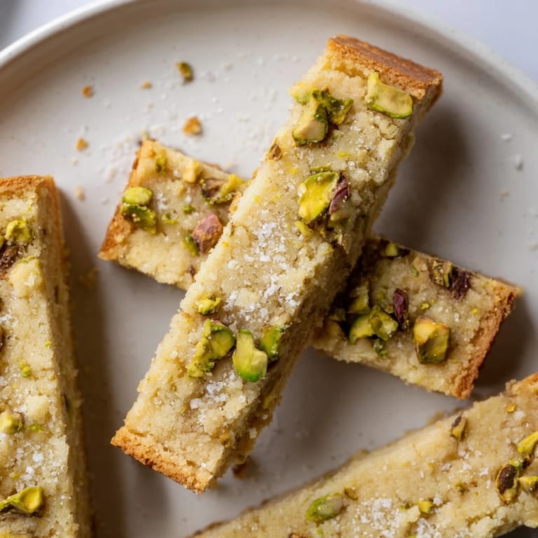 Close-up of golden Salted Pistachio Shortbread cookies, showing crunchy pistachios and sea salt topping.