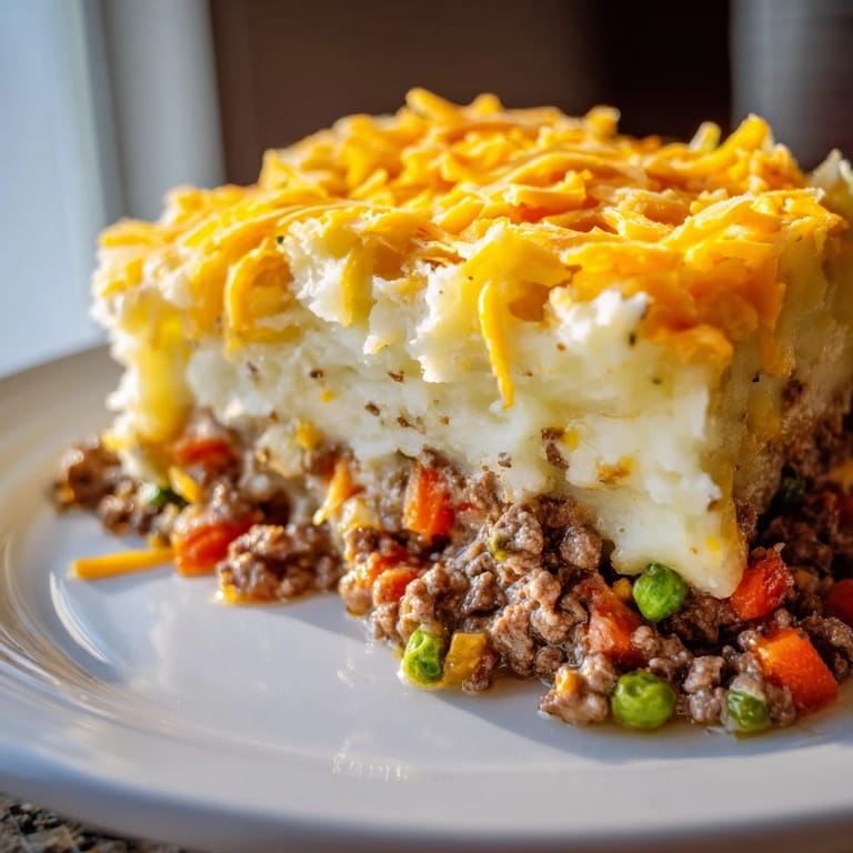A close-up of a bubbling Budget Shepherds Pie, the creamy cheese melting over fluffy mashed potato topping.