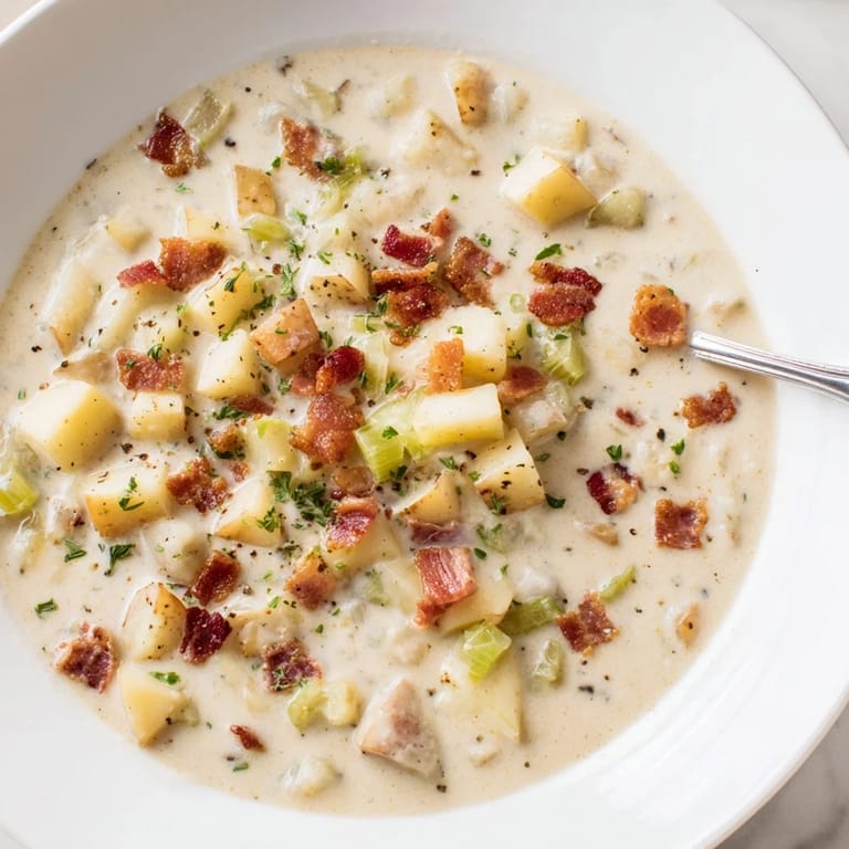 A steaming bowl of comforting New England Clam Chowder, filled with tender potatoes and chunky clams.