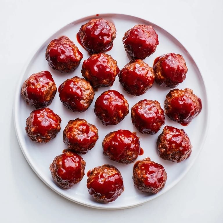 Tender, juicy cherry-glazed meatballs, beautifully coated, ready to serve for a family dinner.