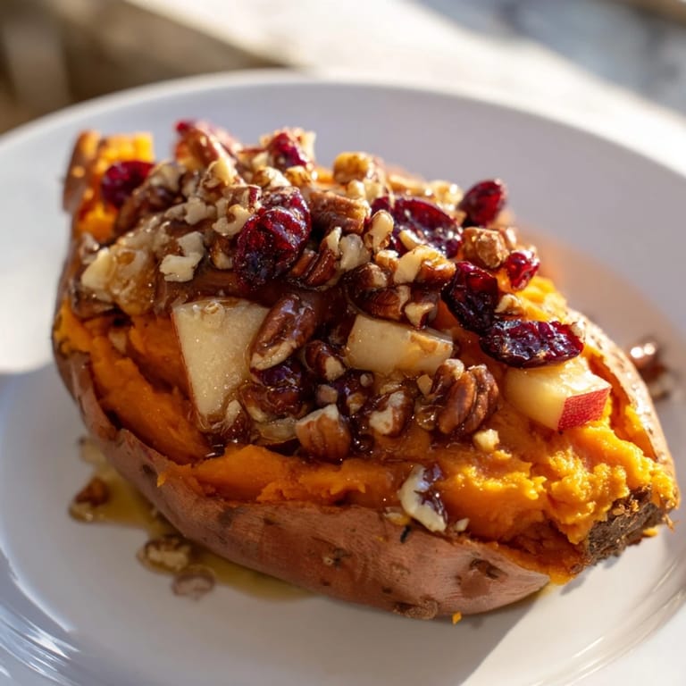 Savory, baked Cranberry Apple Twice-Baked Sweet Potatoes, a vegetarian side dish bursting with flavor and color.