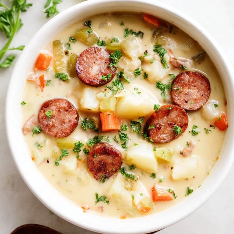 A steaming bowl of Creamy Chorizo Potato Soup, garnished with fresh parsley, ready to savor.