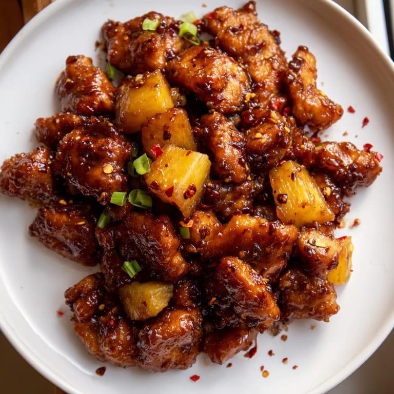 Warm, bubbling Brown Sugar Pineapple Chicken, showcasing the glistening sauce and tender chicken pieces.