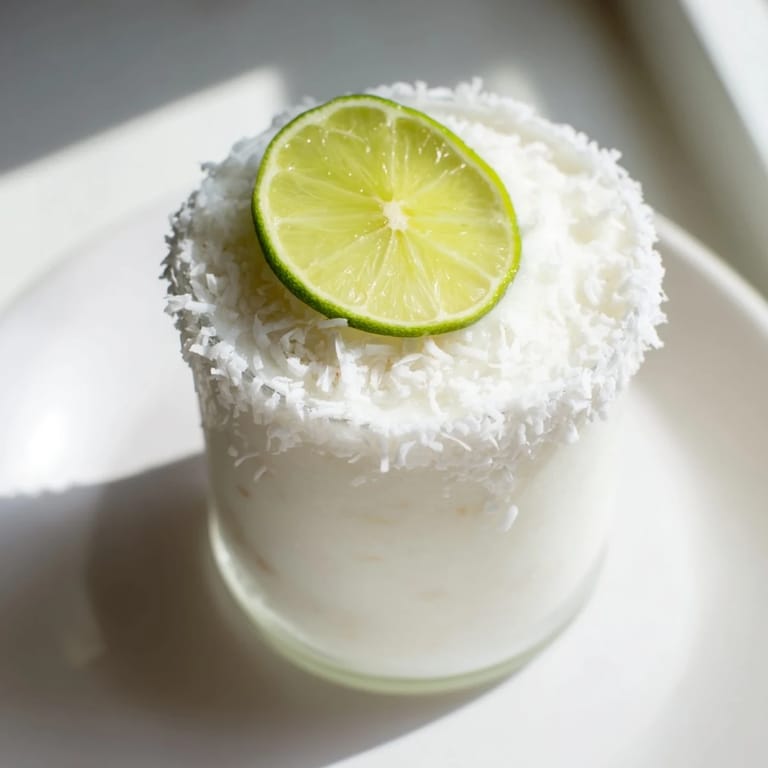 A vibrant close-up of the icy White Christmas Margarita Slush, blended with coconut and tequila.