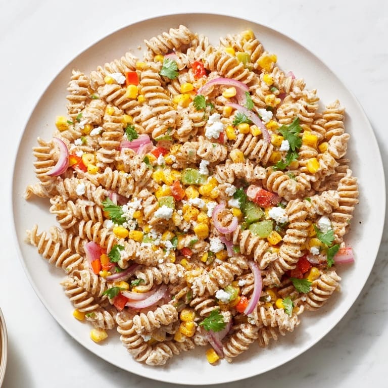 Delectable and easy Healthier Mexican Street Corn Pasta Salad; a colorful, zesty vegetarian delight.