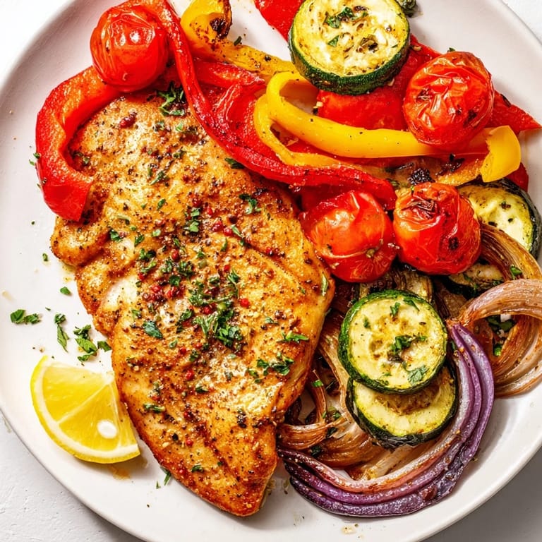 Close-up of juicy, cooked Lemon Oregano Chicken Cutlets next to vibrant, roasted Mediterranean vegetables.