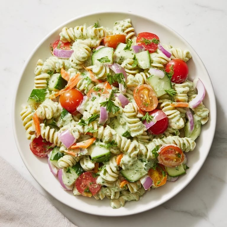 Tempting close-up of Vegan Hemp Seed Ranch Pasta Salad, loaded with fresh veggies and drizzled dressing.