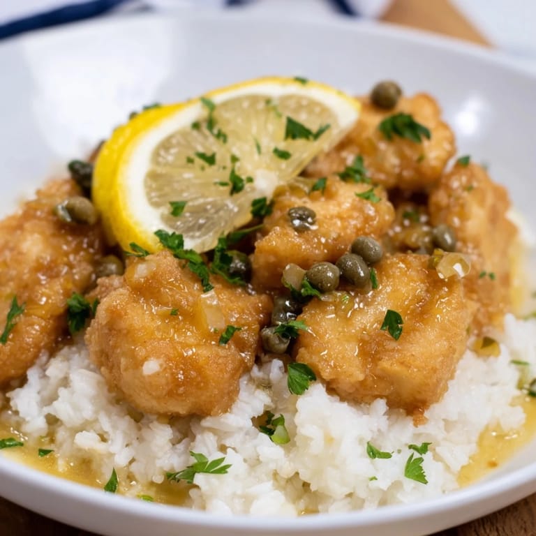 This Express Chicken Piccata Rice Bowl features a flavorful, creamy lemon sauce over rice and chicken.