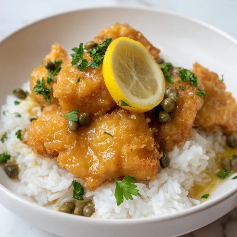 A comforting plate of Express Chicken Piccata Rice Bowl, with glistening chicken and vibrant herbs.