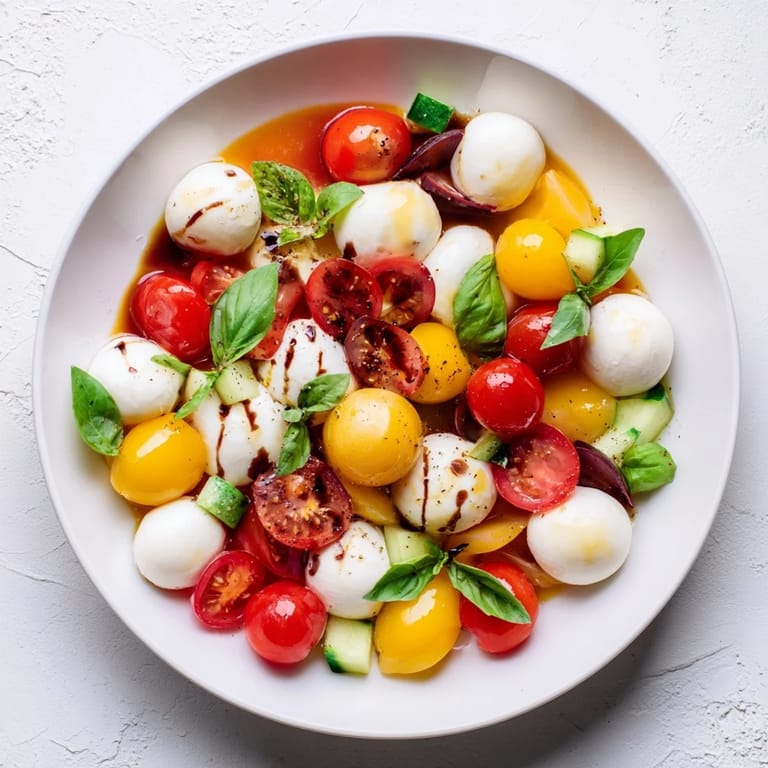 Bright, flavorful Simple Holiday Chopped Caprese Salad with halved cherry tomatoes and fresh basil leaves for a side.