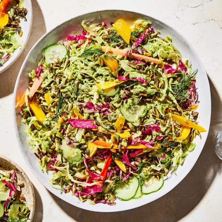 Freshly made Green Goddess Confetti Chop Slaw, ready to serve with a garnish of toasted pepitas.