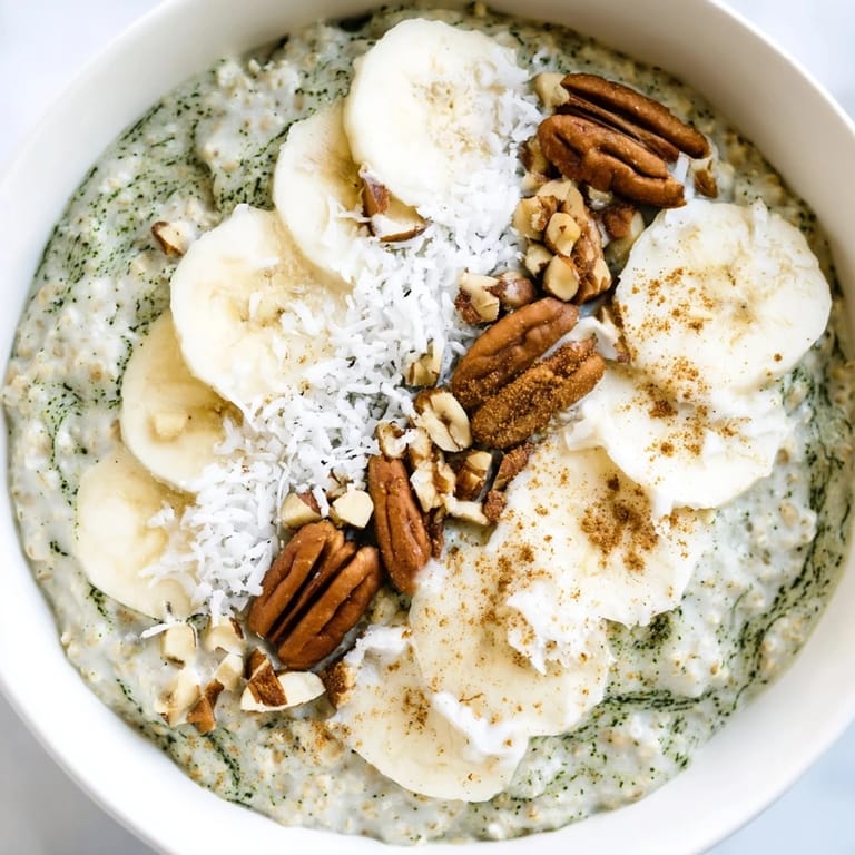 A visually appealing bowl of High-Protein Eggnog Matcha Overnight Oats, chilled and topped with pecans.