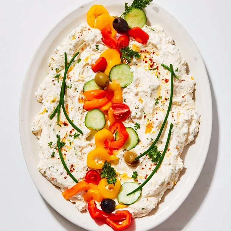 A festive platter of Christmas Lights Appetizer Spread; creamy cheese dots with veggie "lights," ready to serve.
