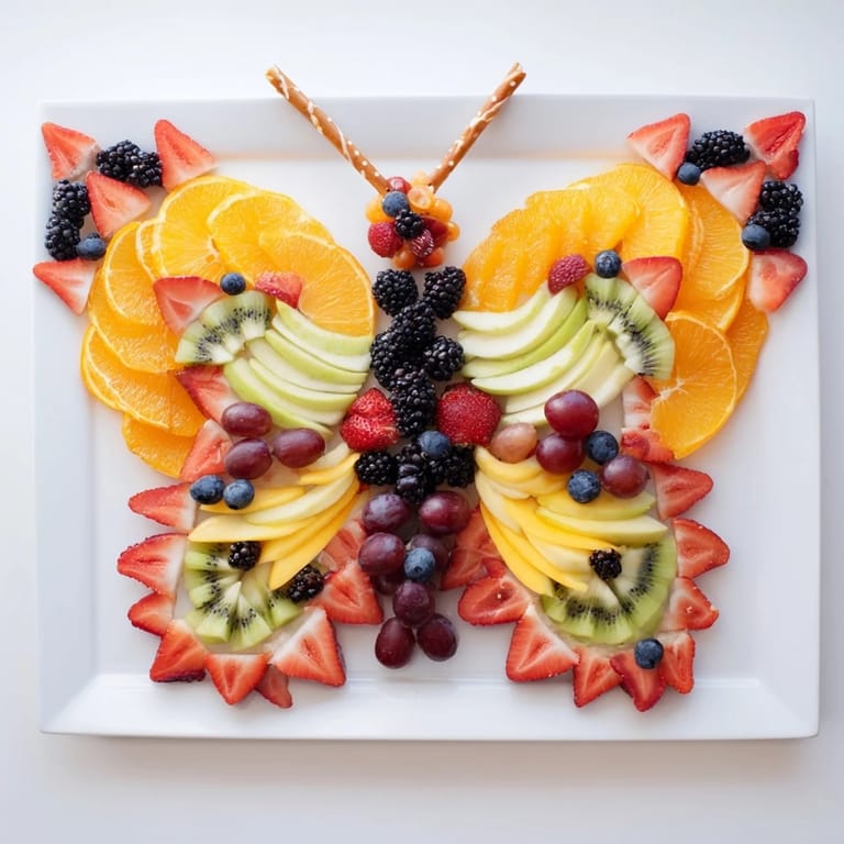 Freshly sliced fruit forms the Monarch Magic Fruit Butterfly Tray, a colorful, healthy snack perfect for kids.