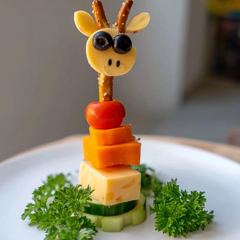 A delicious close-up of healthy Long-Necked Giraffe Snack Towers decorated with pretzel necks and olive eyes.