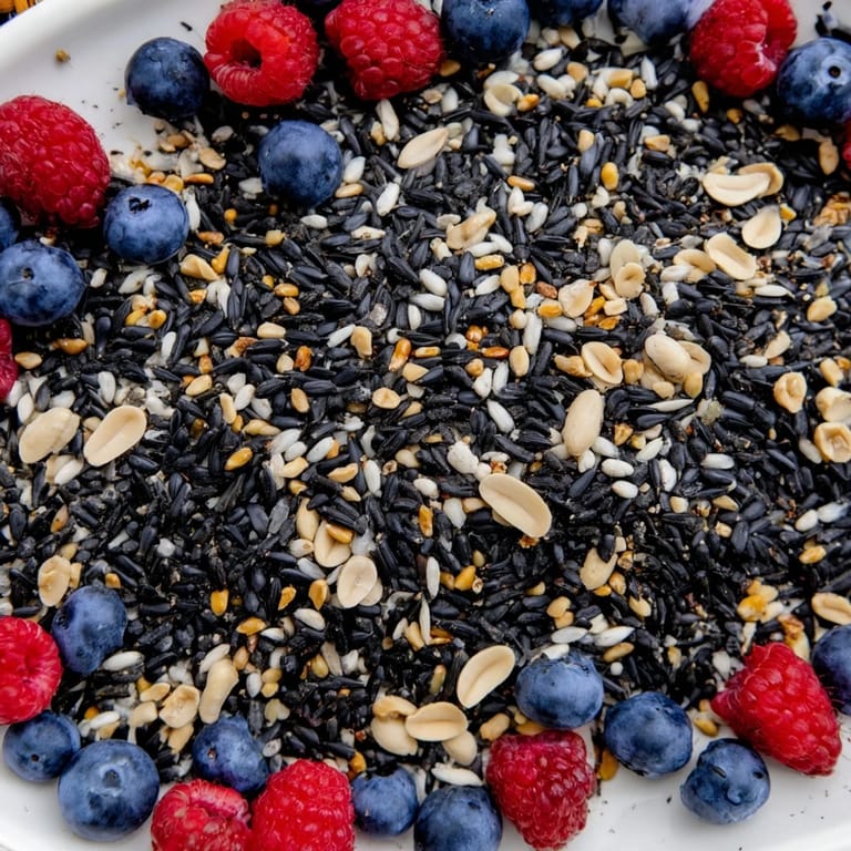 This vibrant singing bird seed & berry platter features plump blueberries and nuts, ready for feathered friends to enjoy.