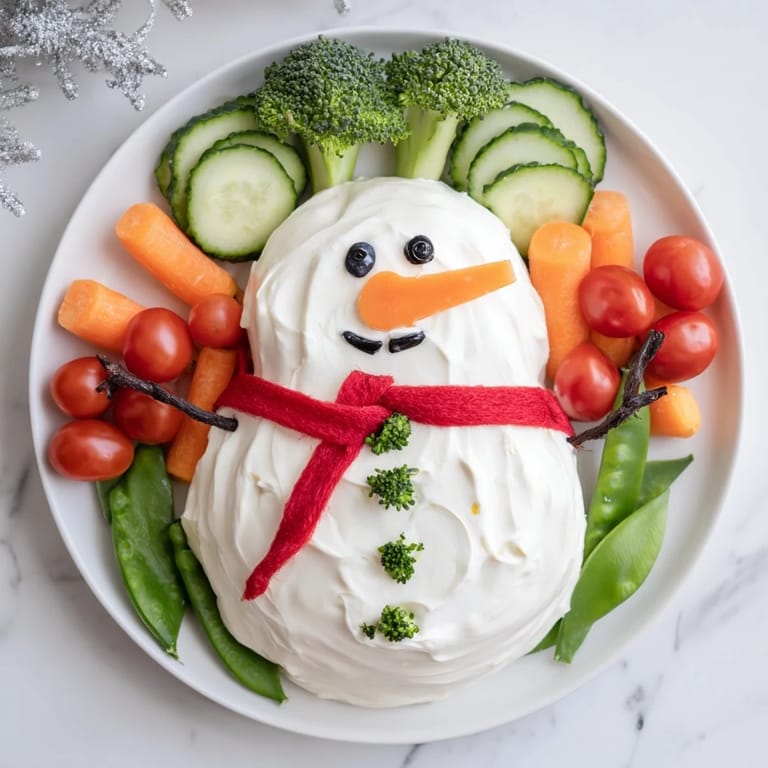 Delicious, creamy Snowman Veggie Dip Platter, perfect for a party, accented by colorful, crisp veggies.
