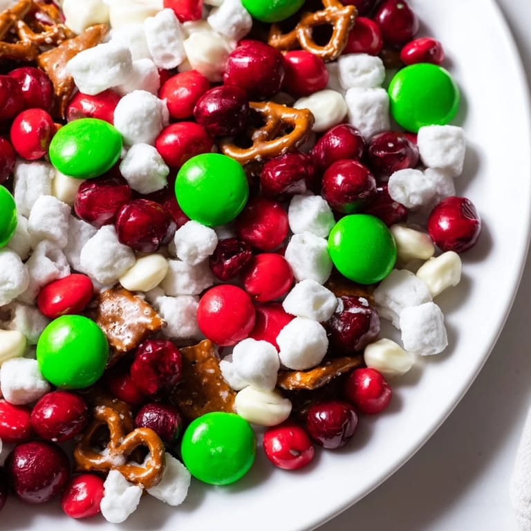 Vibrant Elf Snack Trail Mix Board: a delicious mix of sweet and savory snacks perfect for a Christmas movie night.