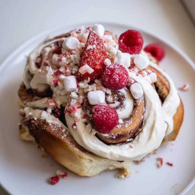 Warm, gooey North Pole Cinnamon Rolls with a holiday theme, plus fresh berries and mint arranged on a board.