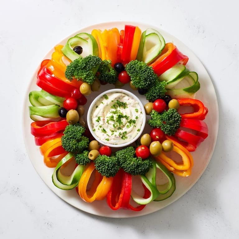 Vibrant holiday appetizer: a colorful festive bell pepper wreath overflowing with fresh veggie goodness.