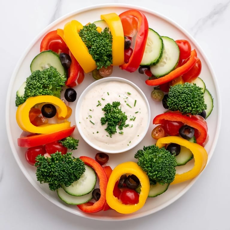 A beautifully arranged festive bell pepper wreath, perfect for dipping into the cool, flavorful sauce.