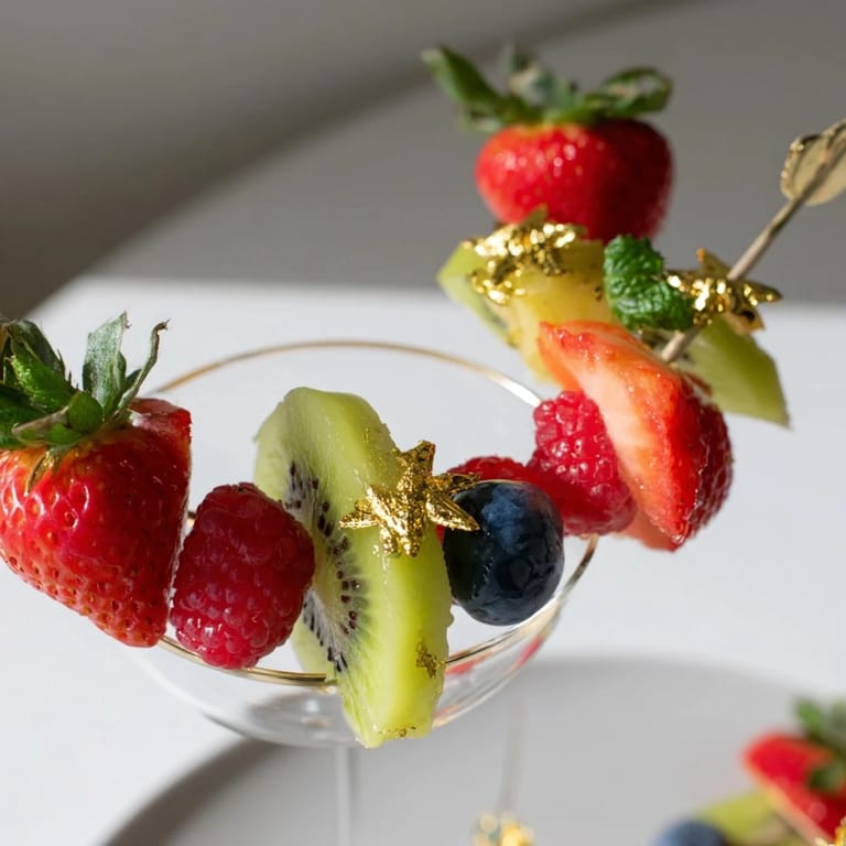 Elegant champagne flute fruit garnishes sparkling with edible gold leaf, adding a touch of glamour.