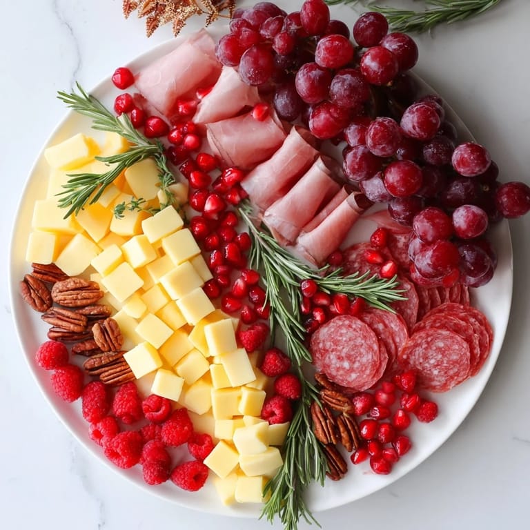 A vibrant, fully-loaded Meat & Cheese Festive Stocking Charcuterie Board, featuring fresh fruits and glistening olives.