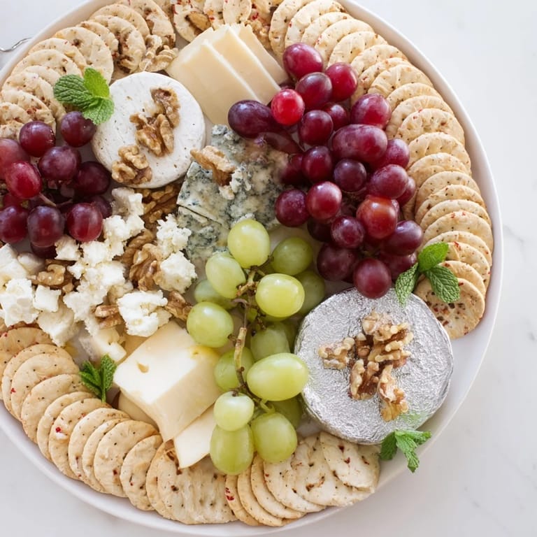 This appetizing Sparkling Grape and Silver Cracker Platter showcases brightly colored grapes, cheeses, and shimmering crackers.
