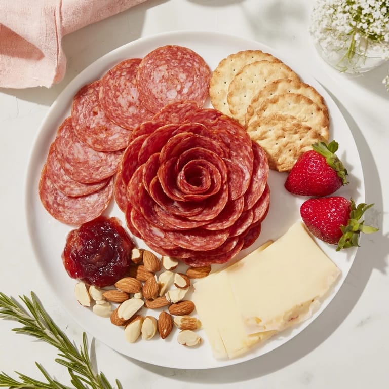 Savory salami rose centerpiece with grapes, cheese, and nuts makes an easy charcuterie platter.